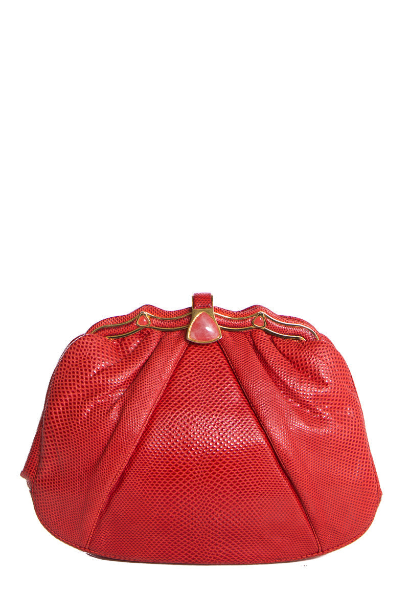 Judith Leiber Red Karung Snake Rose Quartz Clasp Clutch