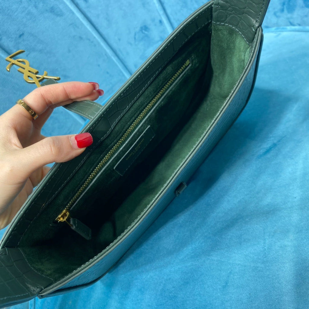 YSSL Le 5 À 7 Hobo Bag In Crocodile Embossed Shiny Dark Green For Women 9in/23cm YSL 657228DZE0W3045