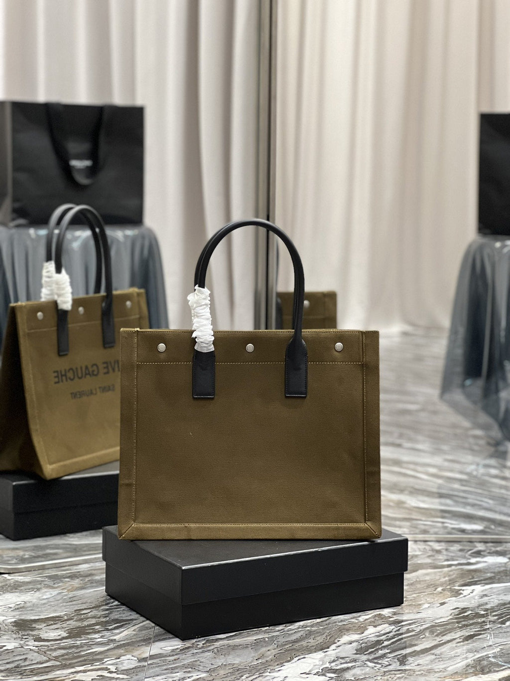 GLAMI Rive Gauche Small Tote Bag In Linen Khaki Brown For Women 15.4in/39cm YSL