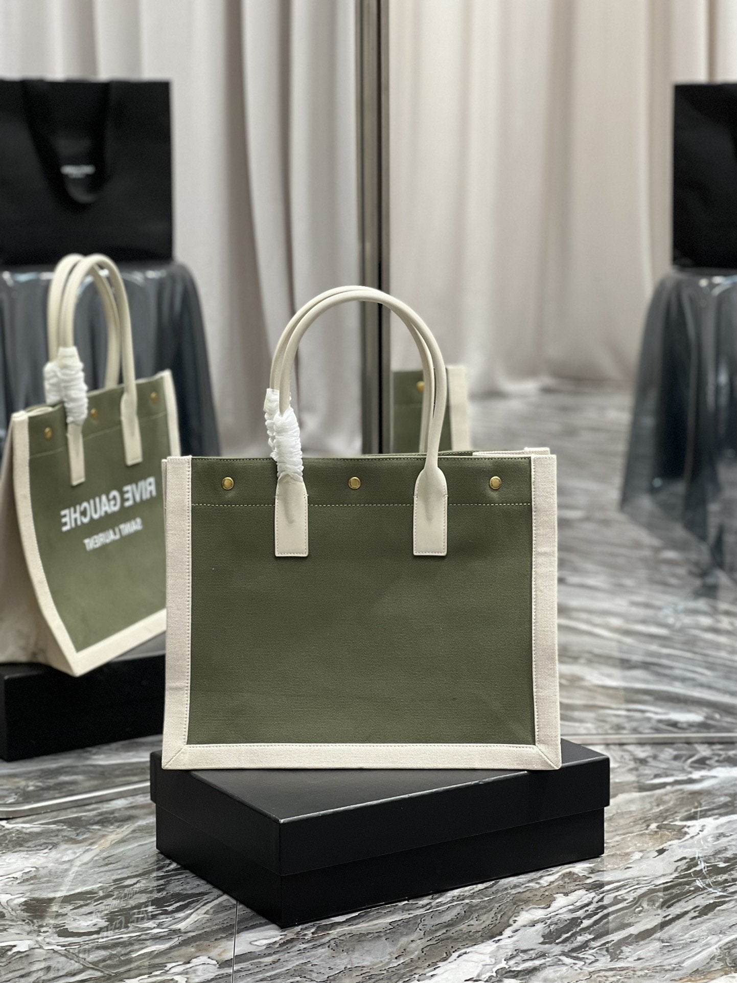 GLAMI Rive Gauche Small Tote Bag In Linen Military Green For Women 15.4in/39cm YSL 617481FAAGLAMI3281