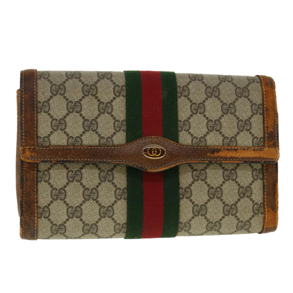 GUCCI Web Sherry Line GG Canvas Clutch Bag PVC Leather Beige Green 40002