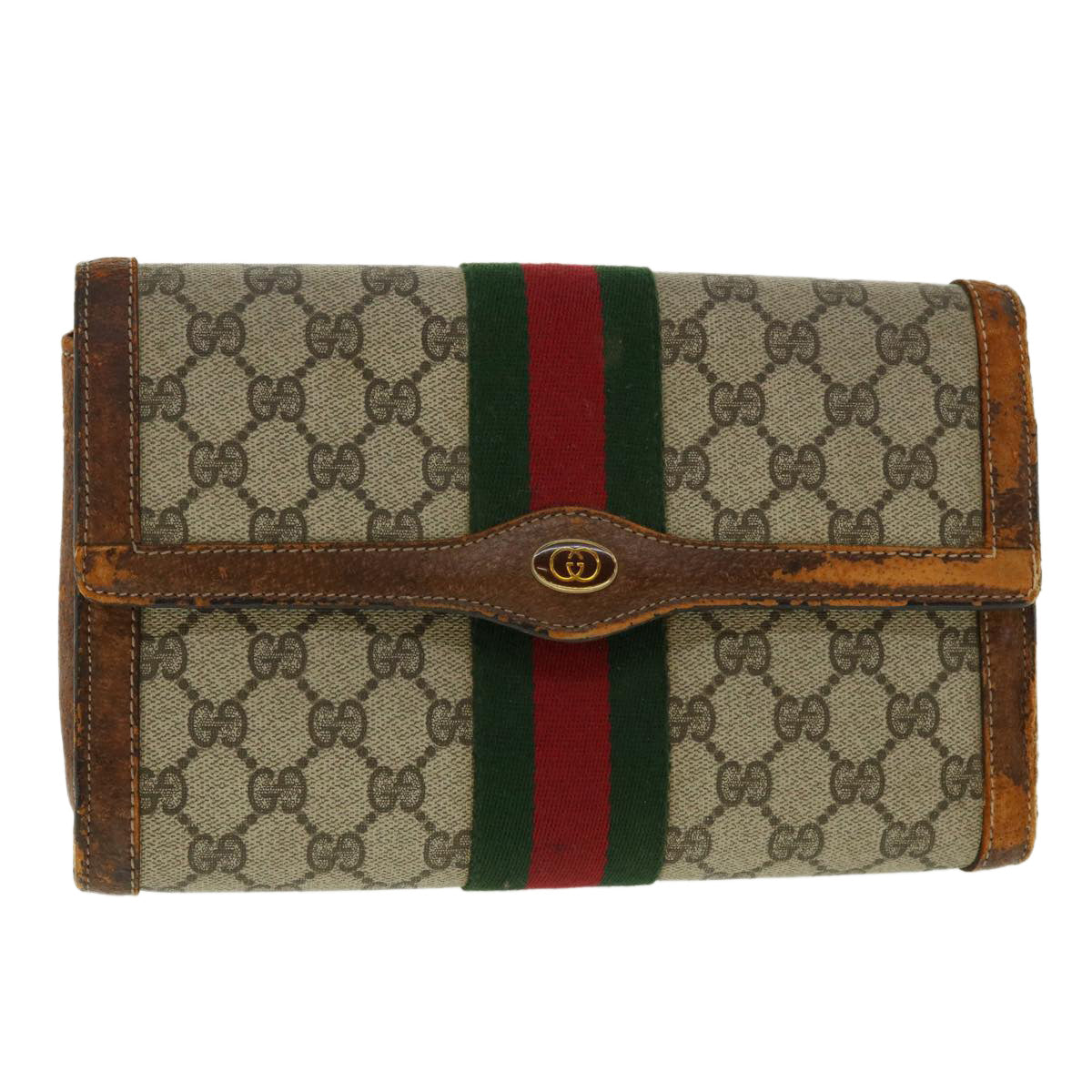 GUCCI Web Sherry Line GG Canvas Clutch Bag PVC Leather Beige Green 40002