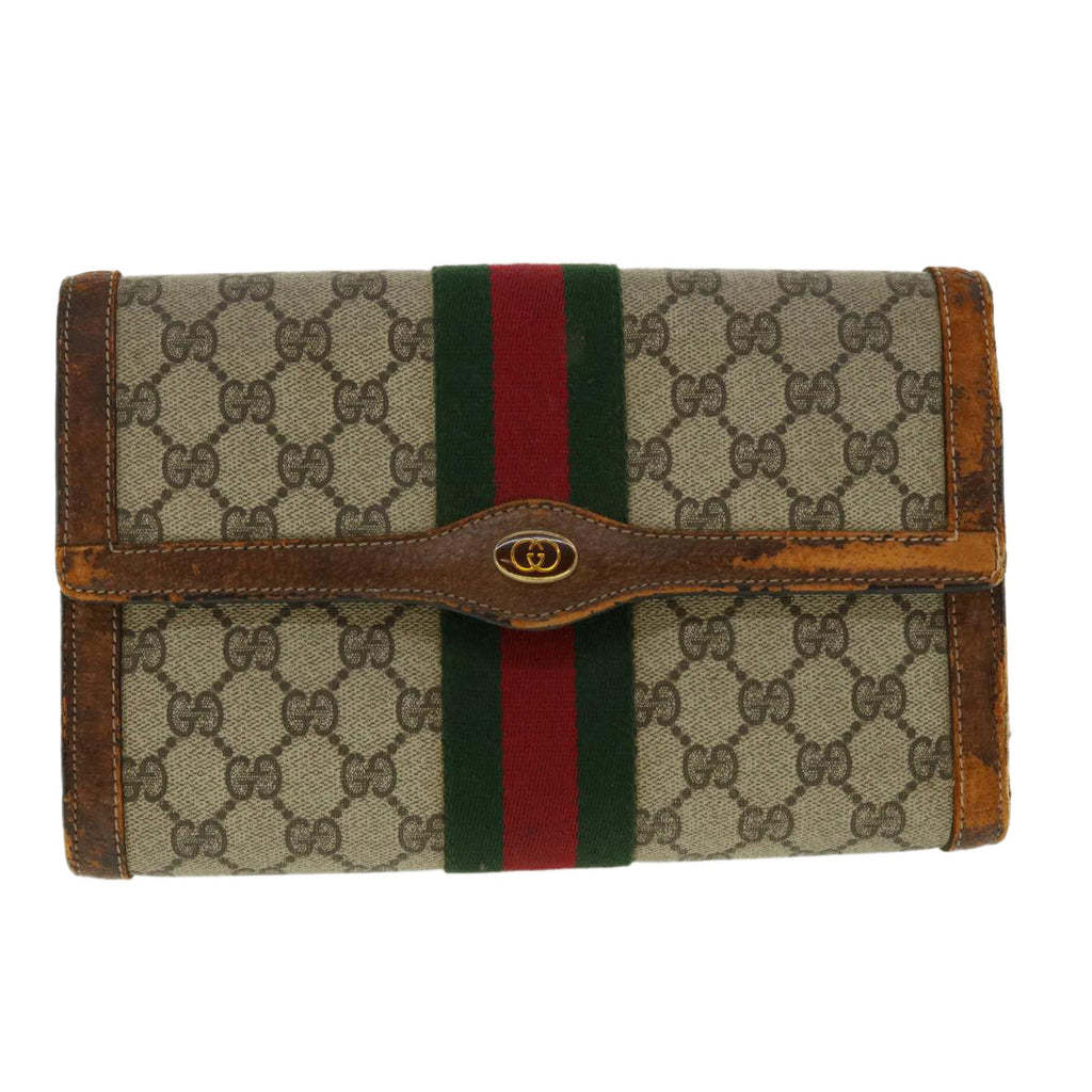 GUCCI Web Sherry Line GG Canvas Clutch Bag PVC Leather Beige Green 40002