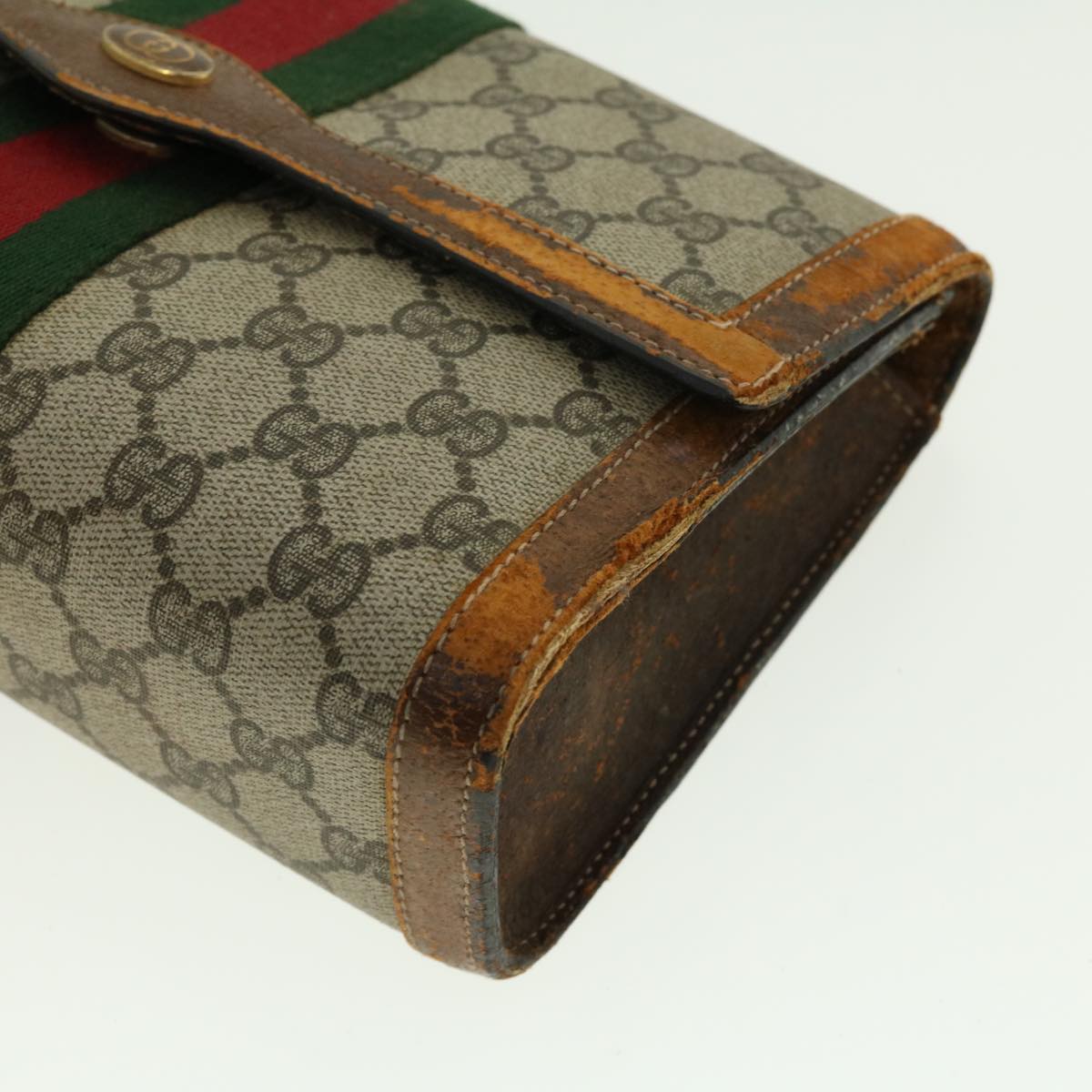 GUCCI Web Sherry Line GG Canvas Clutch Bag PVC Leather Beige Green 40002