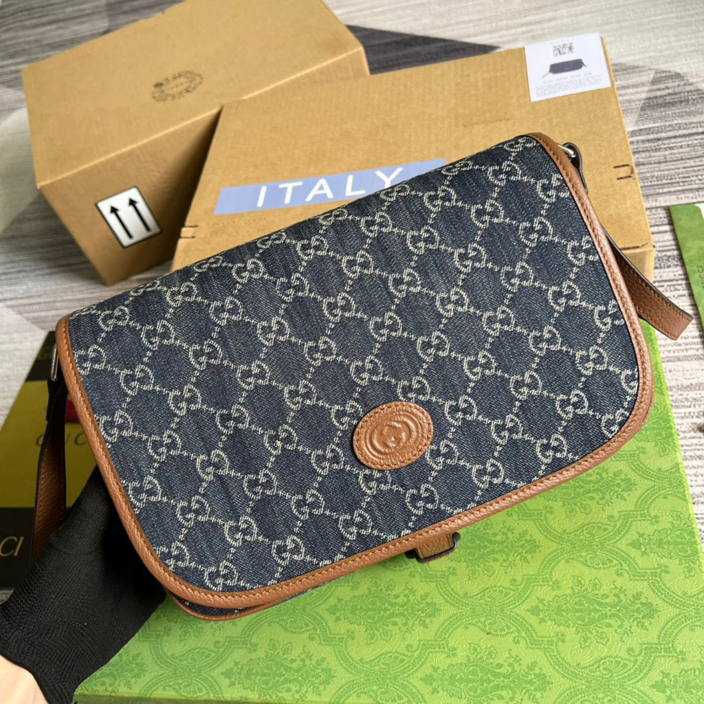 gg Children’s gg  Messenger Bag Dark Blue And Ivory Eco Washed Organic gg Jacquard Denim For Women  11.4in/29cm gg