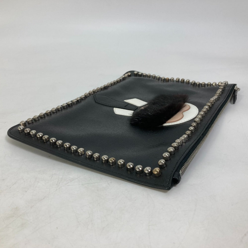 FENDI Clutch bag Leather, Fur black studded pouch Karl Lagerfeld Carlito