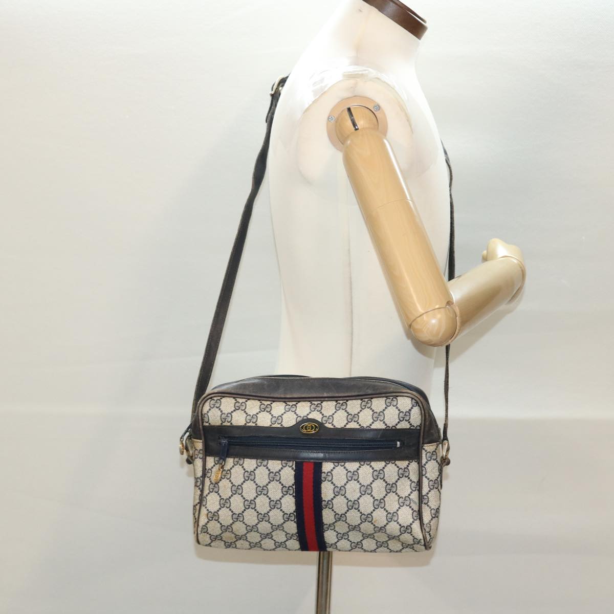 GUCCI GG Canvas Sherry Line Shoulder Bag PVC Leather Gray Red Navy 40345