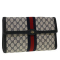 GUCCI GG Canvas Sherry Line Clutch Bag Gray Navy Red 89.01.007 40956