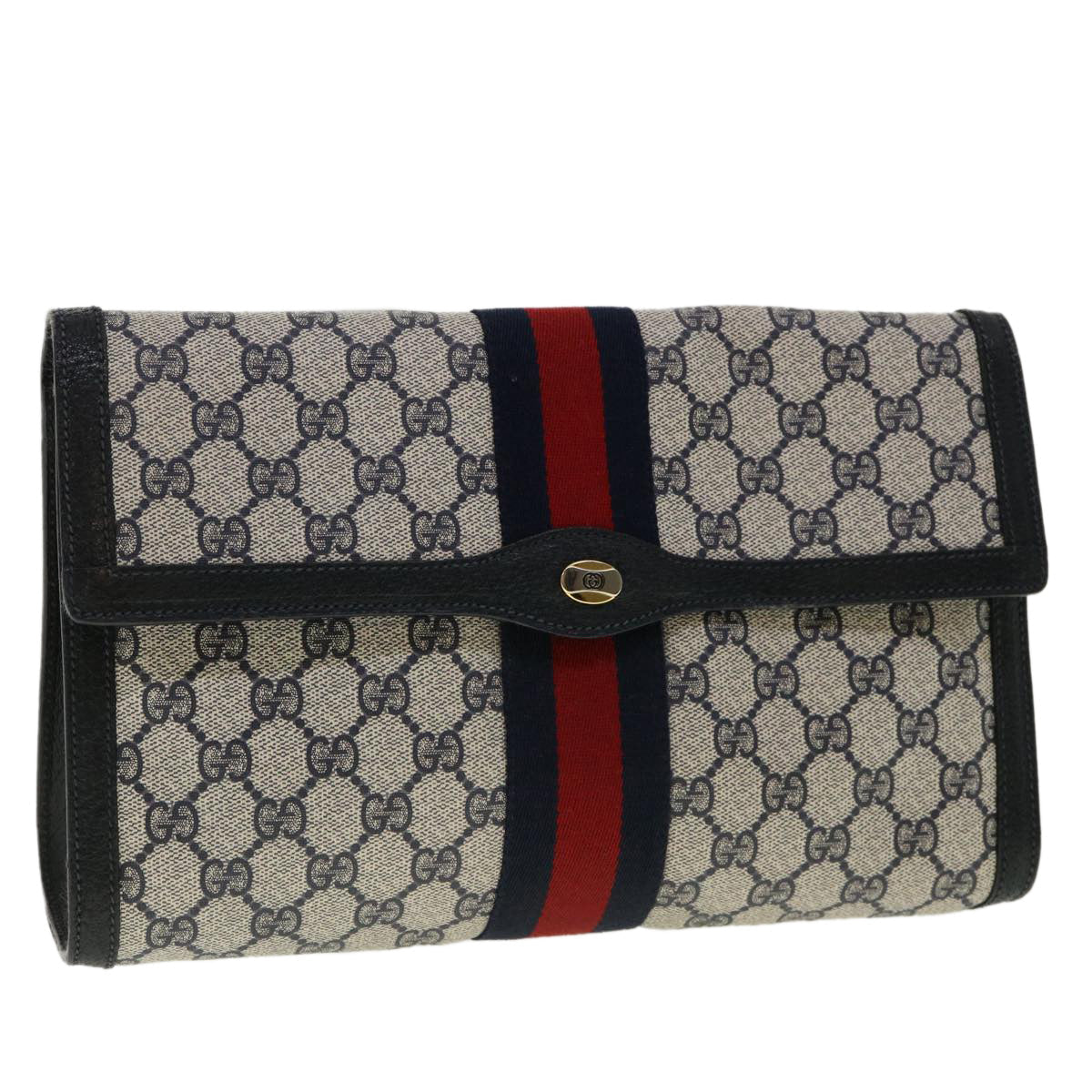 GUCCI GG Canvas Sherry Line Clutch Bag Gray Navy Red 89.01.007 40956