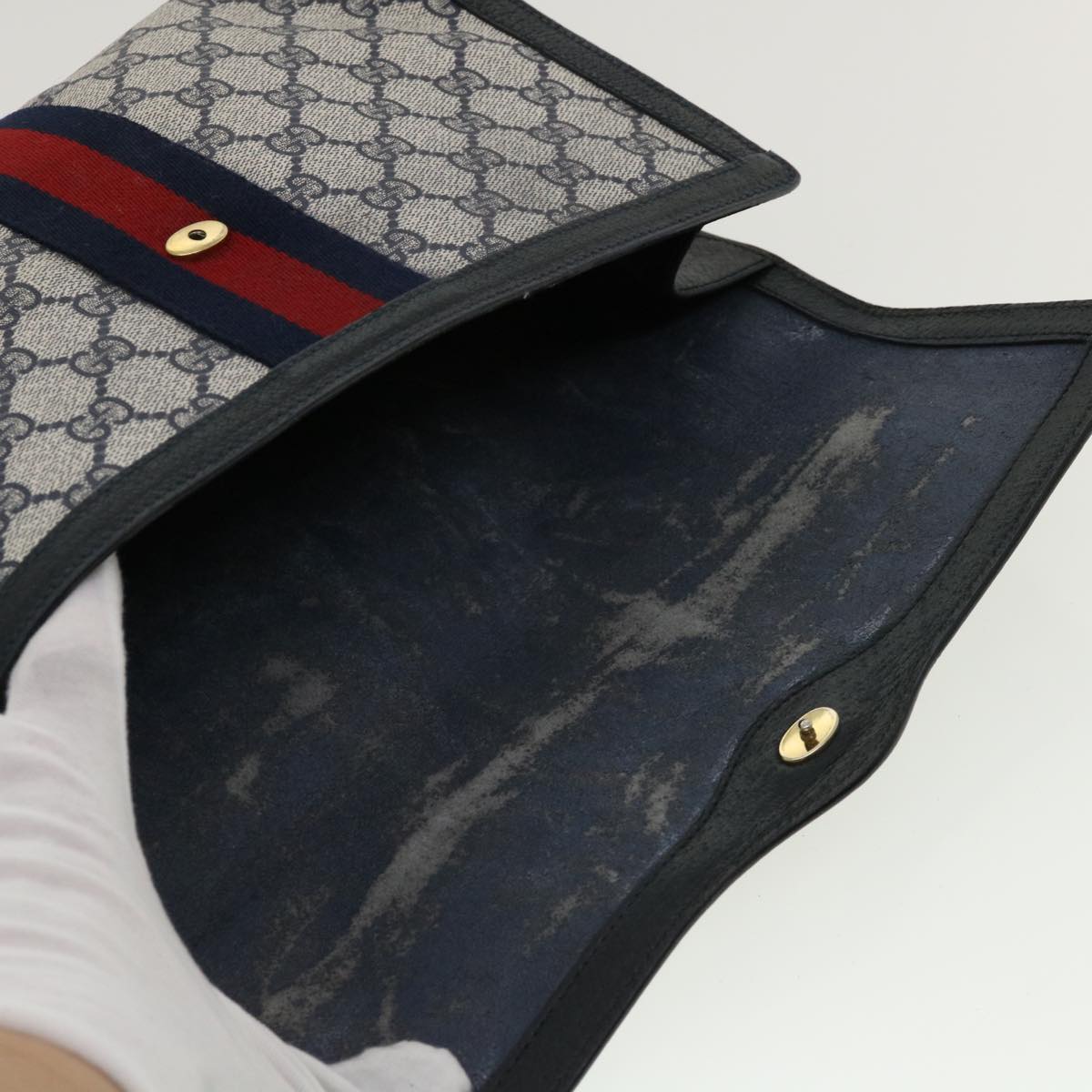 GUCCI GG Canvas Sherry Line Clutch Bag Gray Navy Red 89.01.007 40956
