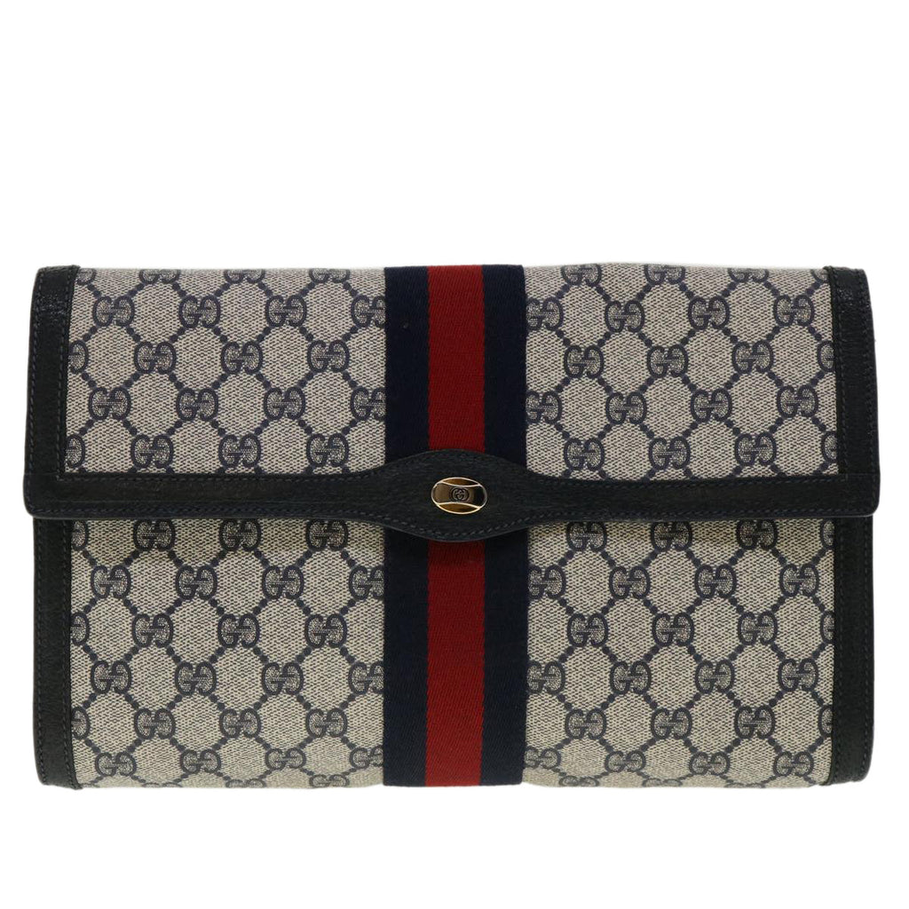 GUCCI GG Canvas Sherry Line Clutch Bag Gray Navy Red 89.01.007 40956