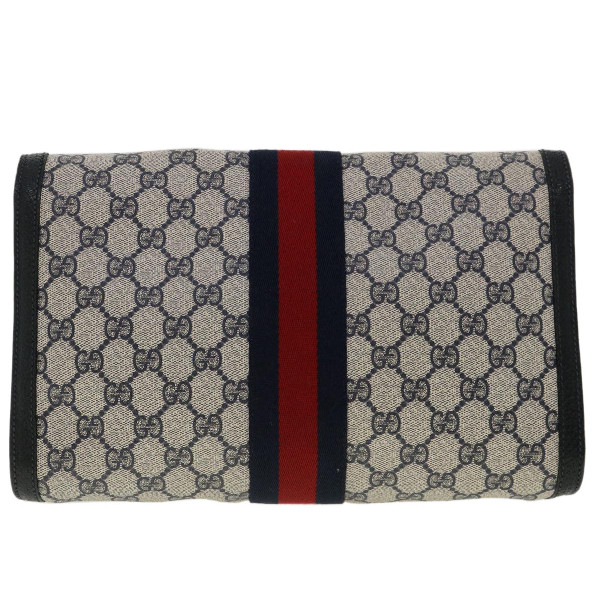 GUCCI GG Canvas Sherry Line Clutch Bag Gray Navy Red 89.01.007 40956
