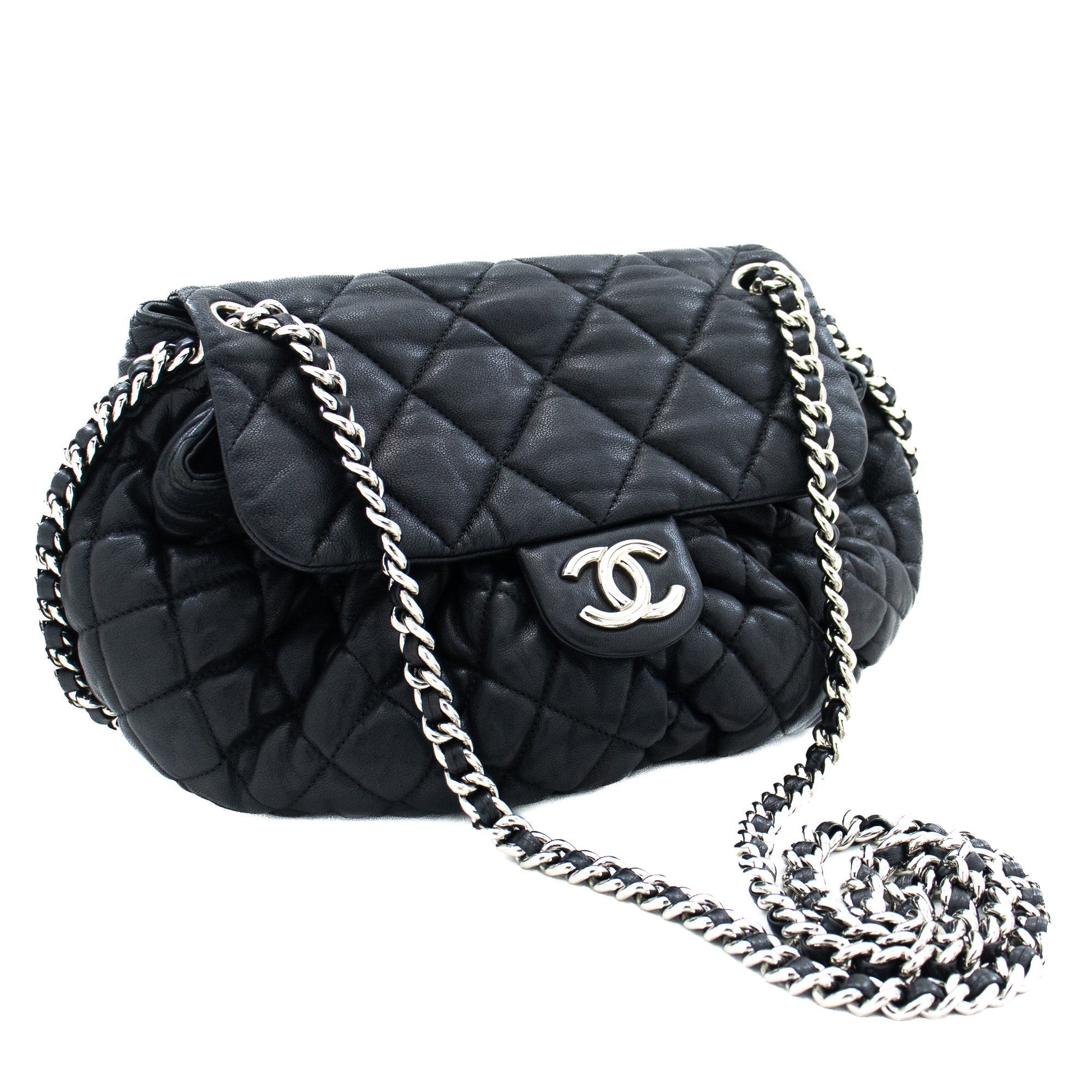 CHANEL Chain Around Shoulder Bag Crossbody Black Calfskin Leather j91