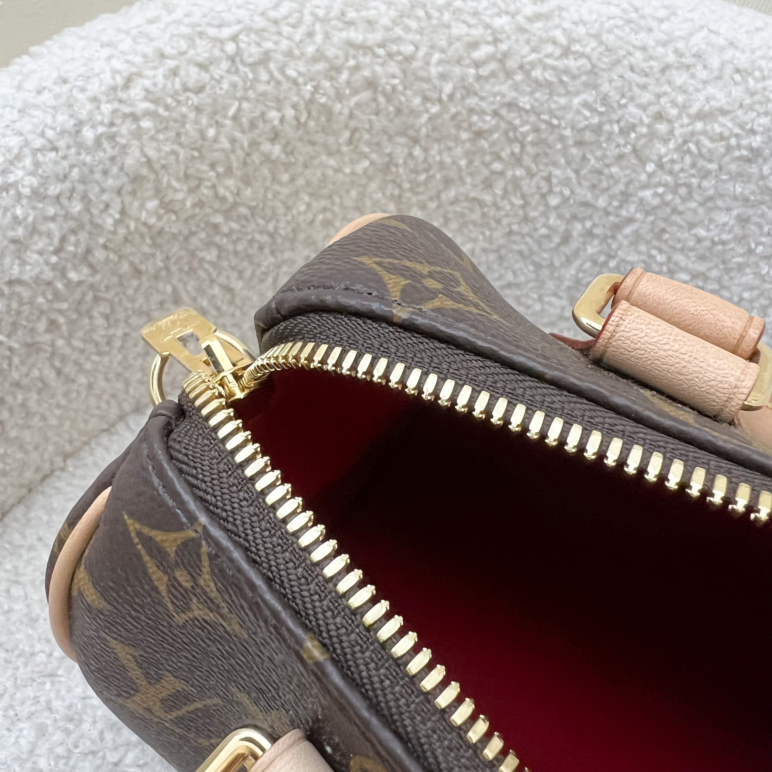 LV Speedy Bandouliere 20 in Monogram Canvas and Pink / Orange Patterned Strap