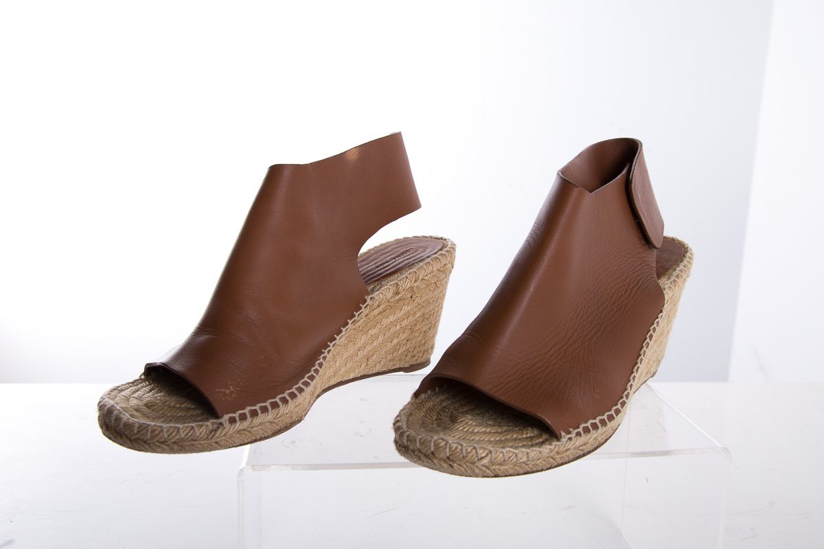 CÃƒÆ’Ã‚Â©line Brown Leather Espadrilles Wedges SZ 38