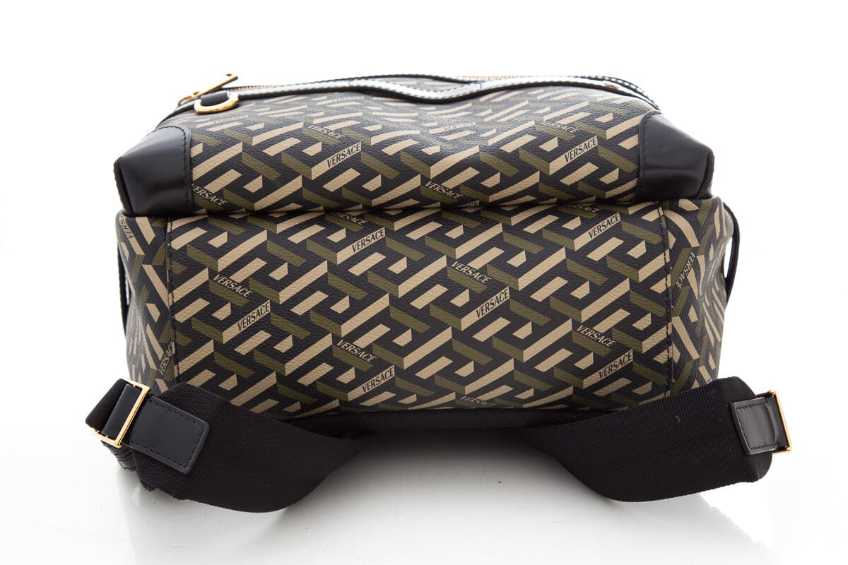 Versace Green & Black La Greca Coated Canvas Backpack