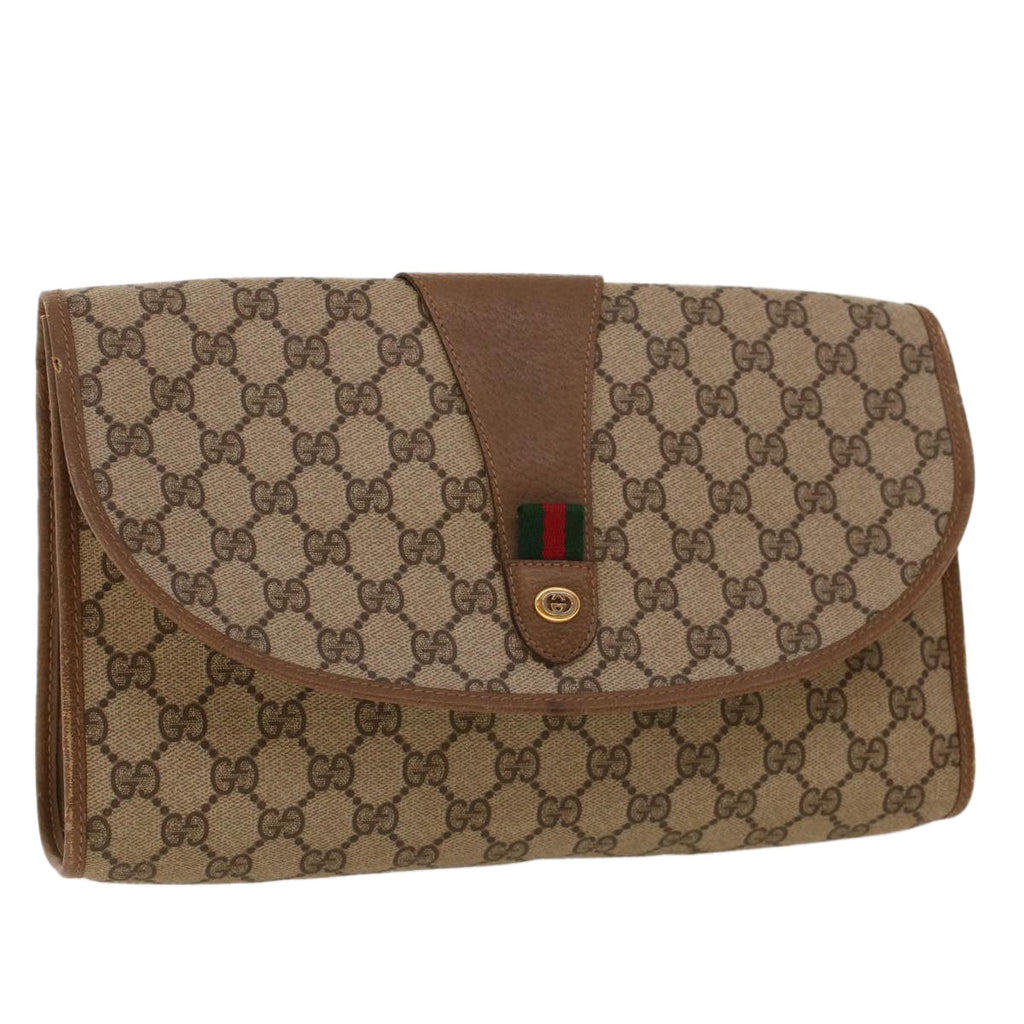 GUCCI GG Canvas Web Sherry Line Clutch Bag PVC Leather Beige Green 42088
