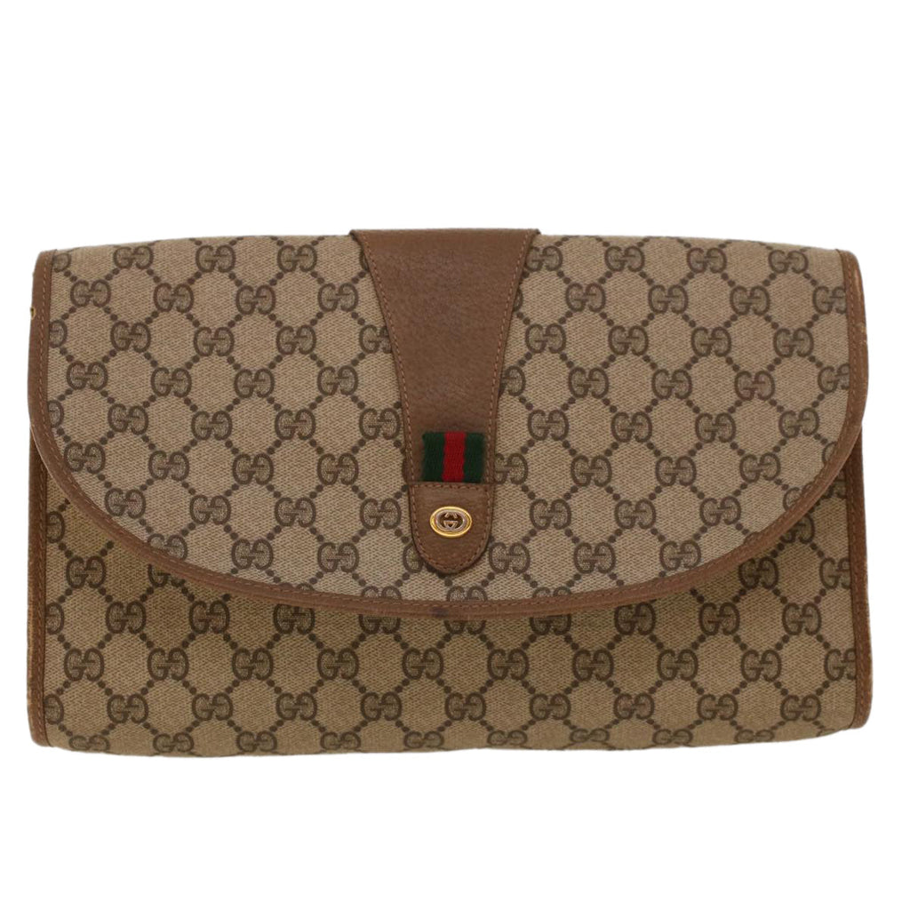 GUCCI GG Canvas Web Sherry Line Clutch Bag PVC Leather Beige Green 42088