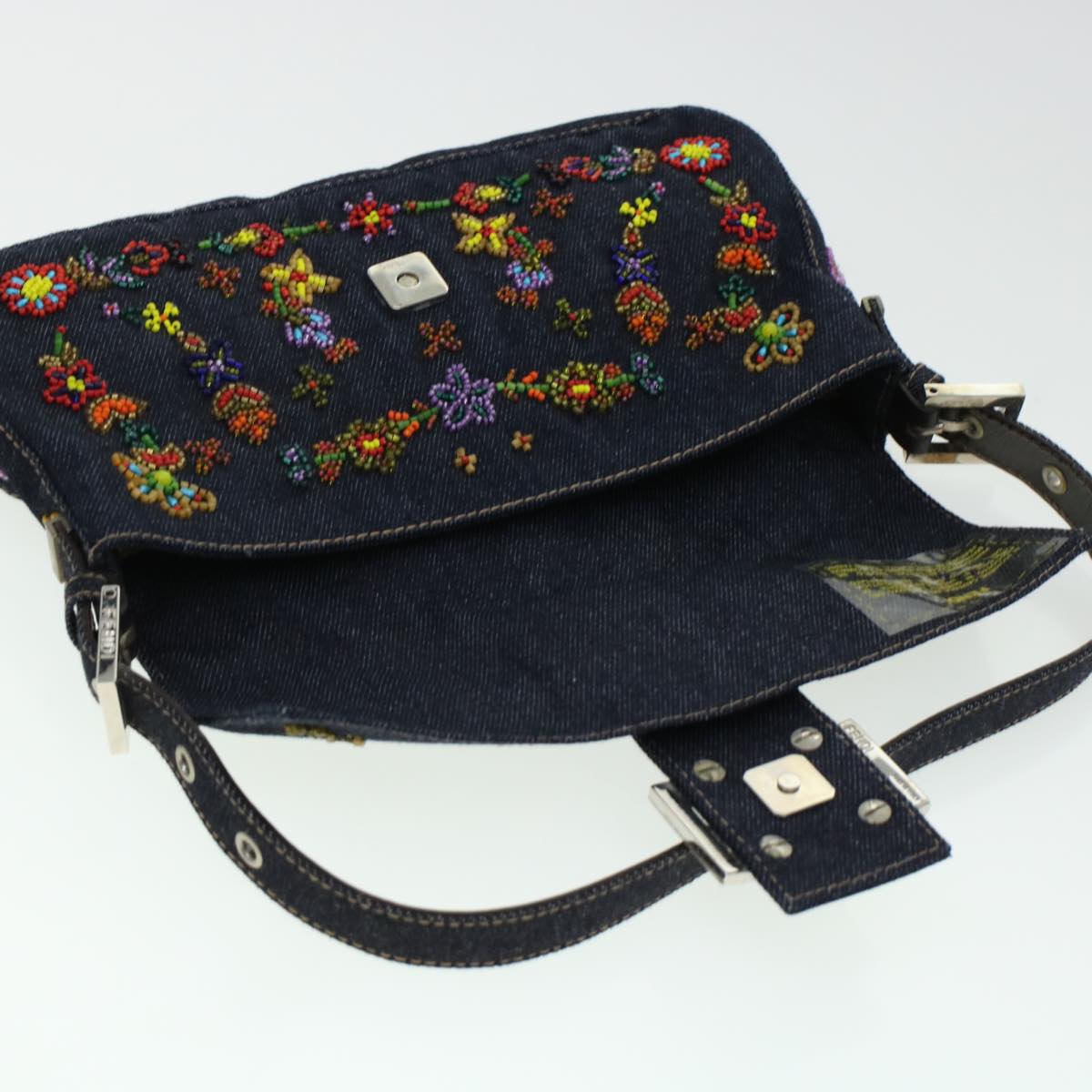 FENDI Beads Mamma Baguette Shoulder Bag Denim Navy 236826424008 42189