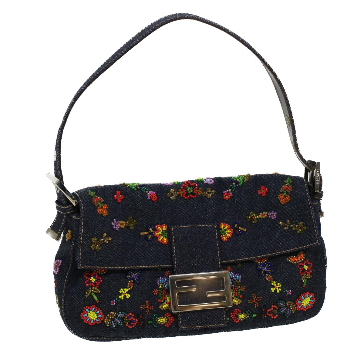 FENDI Beads Mamma Baguette Shoulder Bag Denim Navy 236826424008 42189