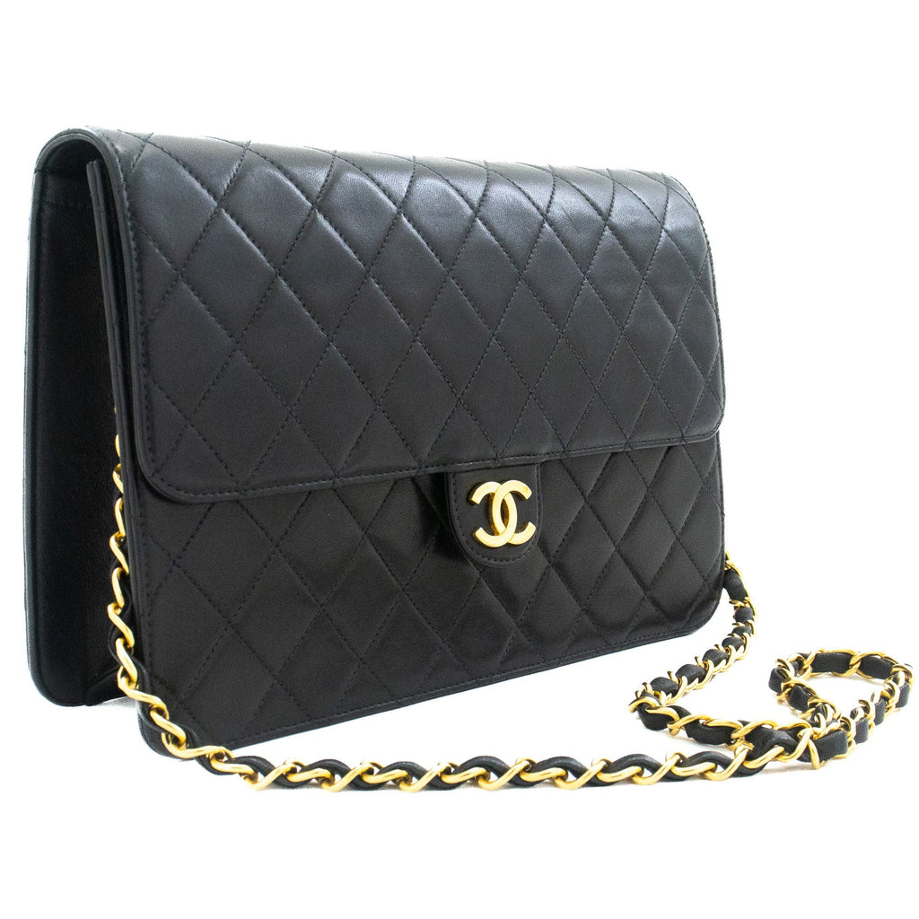 CHANEL Chain Shoulder Bag Clutch Black Quilted Flap Lambskin Purse k13