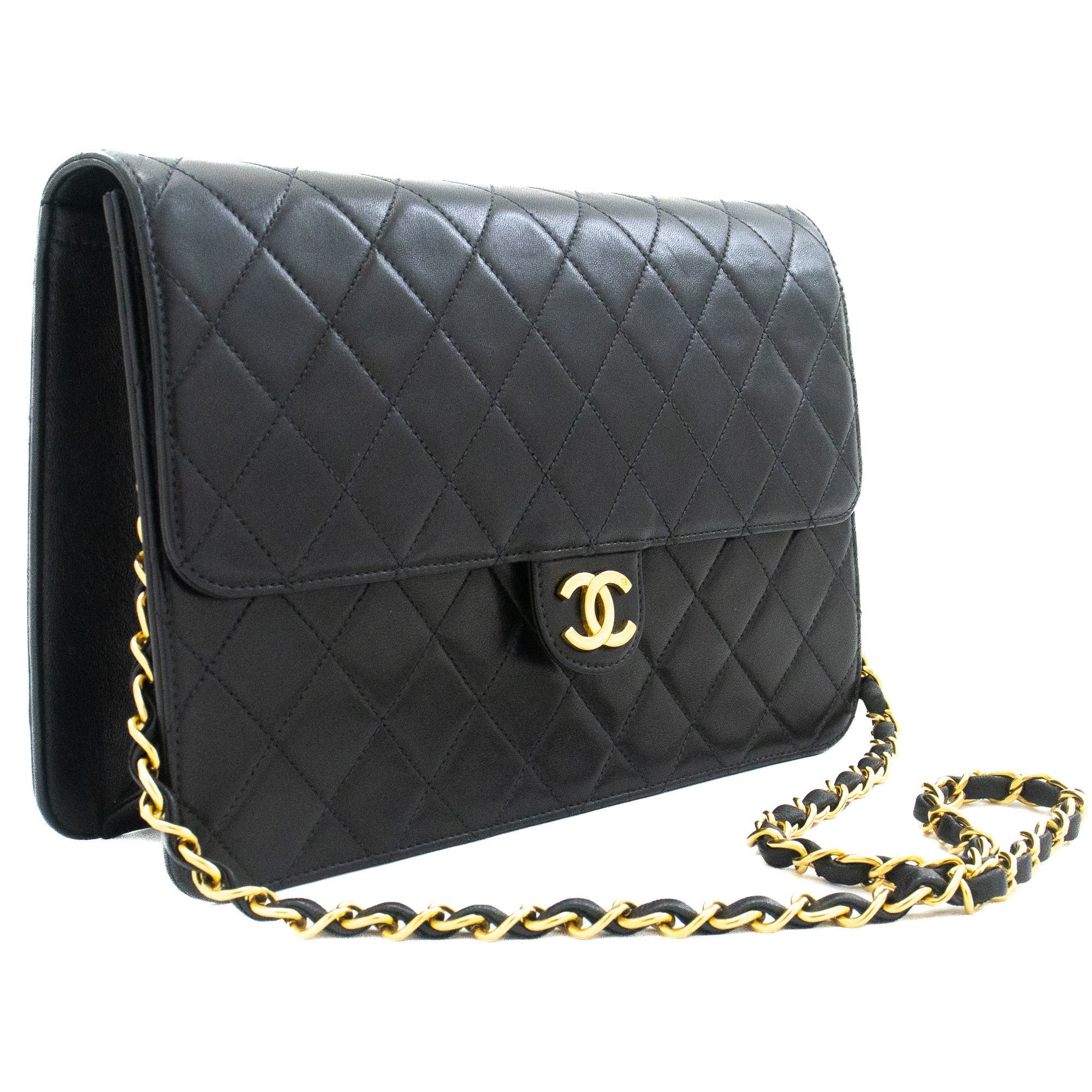 CHANEL Chain Shoulder Bag Clutch Black Quilted Flap Lambskin Purse k13