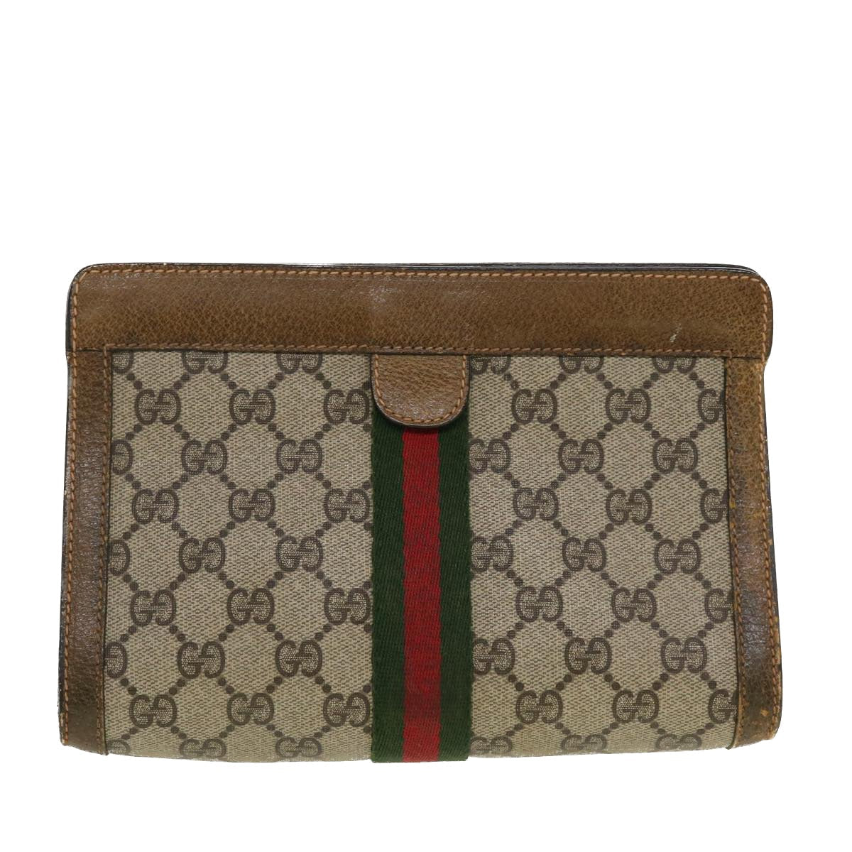 GUCCI GG Canvas Web Sherry Line Clutch Bag Beige Red Green 84.01.001 42878