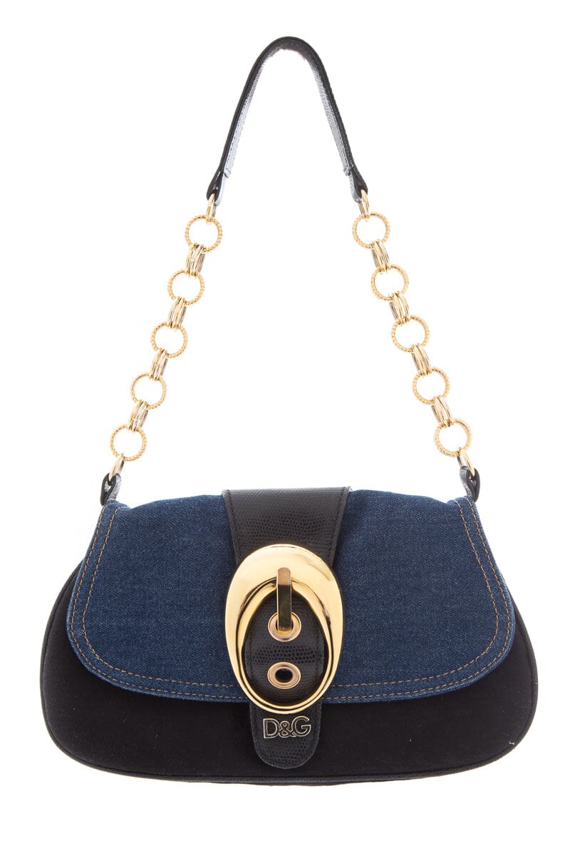 Dolce & Gabbana Denim Handbag with Large Gold Buckle Detail