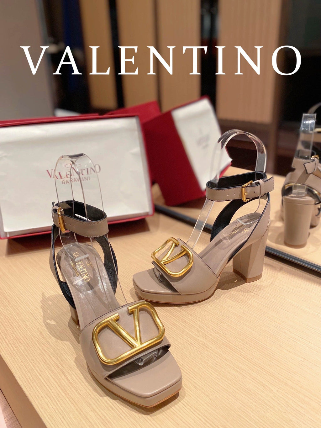 Valentino Garavani Strap Heeled Sandals With V Logo Signature EmbellisGLAMIent Beige For Women