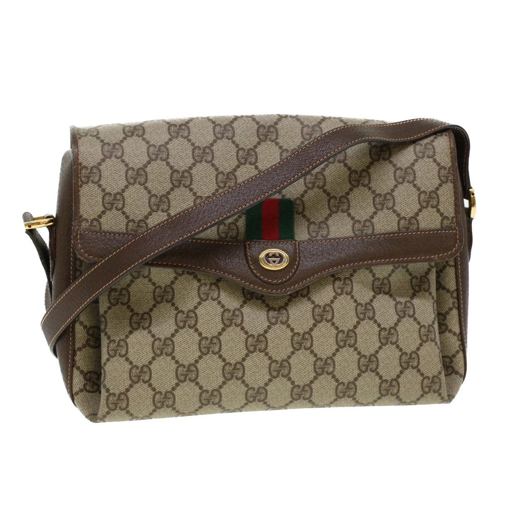 GUCCI GG Canvas Web Sherry Line Shoulder Bag PVC Leather Beige Green 43086
