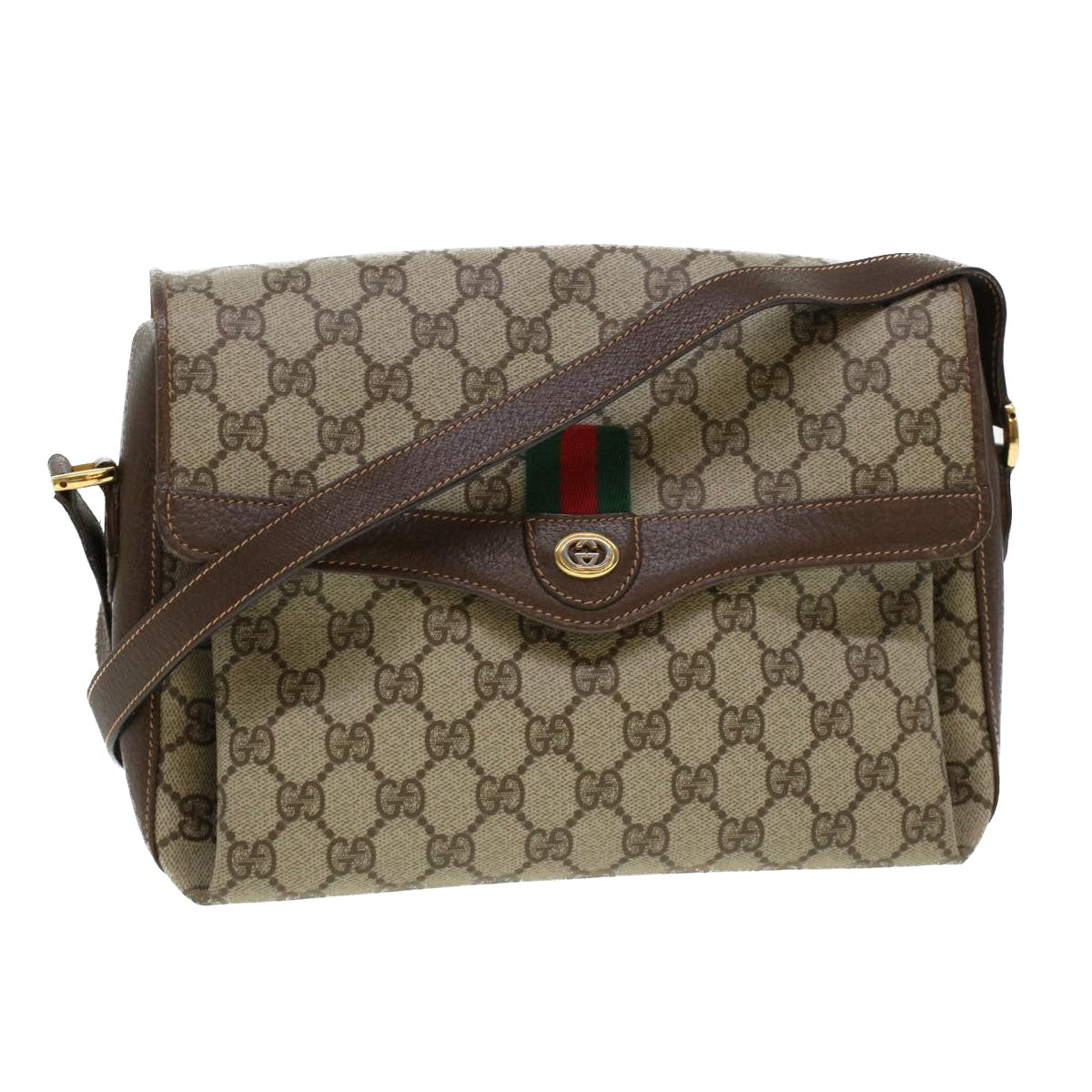 GUCCI GG Canvas Web Sherry Line Shoulder Bag PVC Leather Beige Green 43086