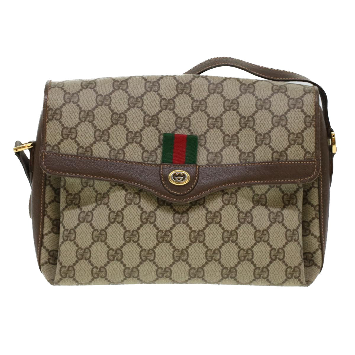 GUCCI GG Canvas Web Sherry Line Shoulder Bag PVC Leather Beige Green 43086