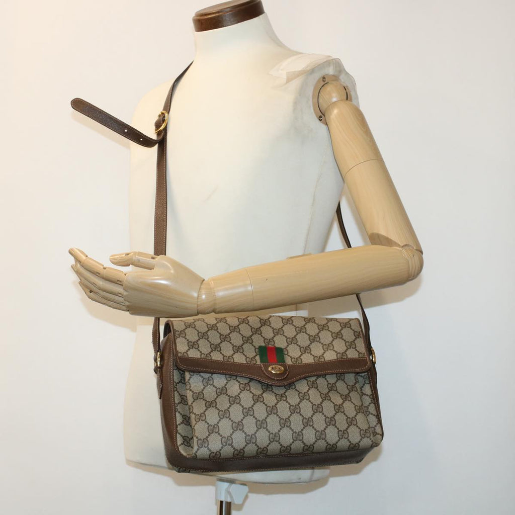 GUCCI GG Canvas Web Sherry Line Shoulder Bag PVC Leather Beige Green 43086