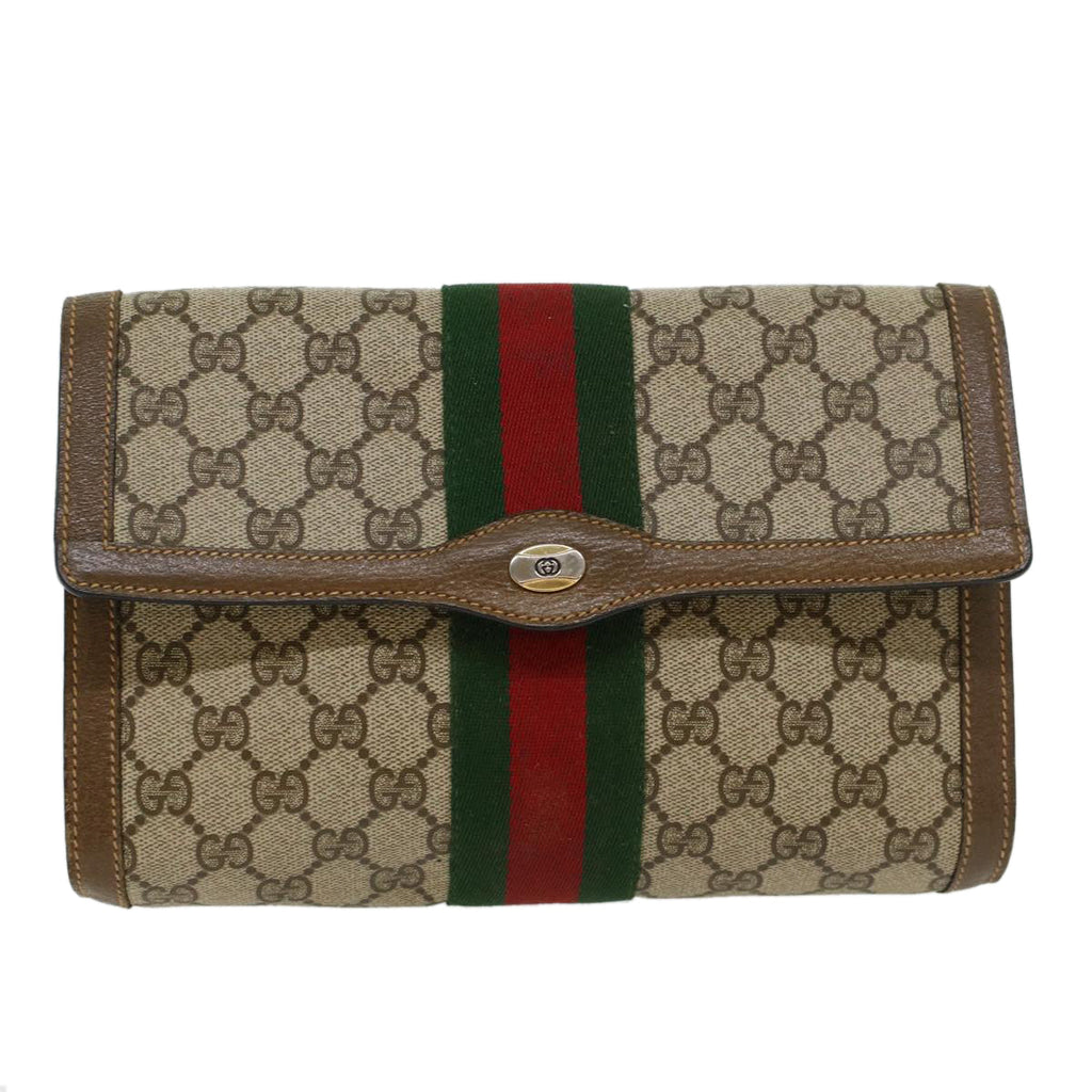 GUCCI GG Canvas Web Sherry Line Clutch Bag PVC Leather Beige Green 43089