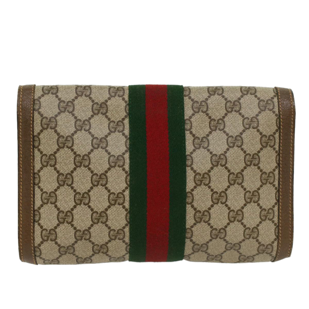 GUCCI GG Canvas Web Sherry Line Clutch Bag PVC Leather Beige Green 43089