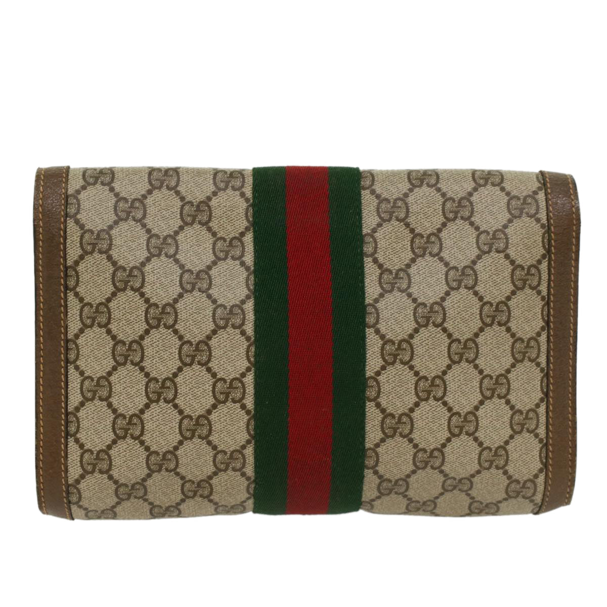 GUCCI GG Canvas Web Sherry Line Clutch Bag PVC Leather Beige Green 43089