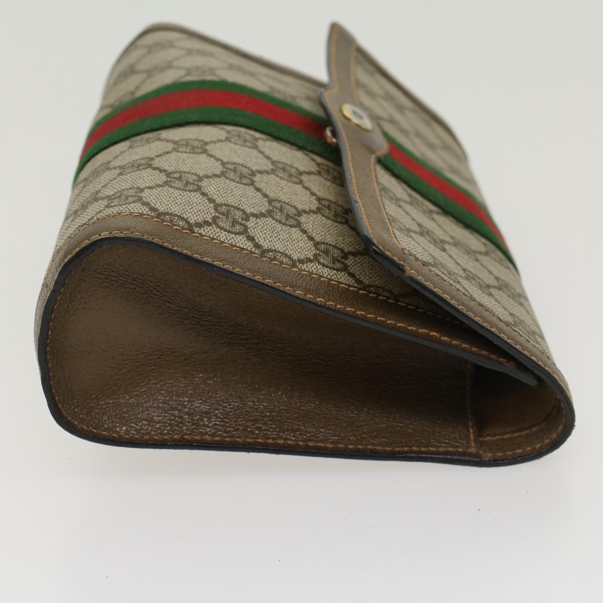 GUCCI GG Canvas Web Sherry Line Clutch Bag PVC Leather Beige Green 43089