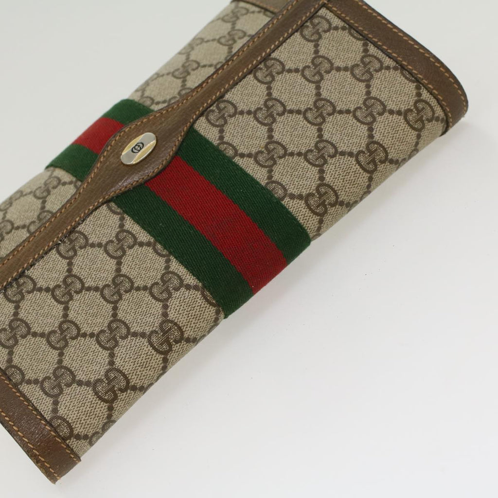 GUCCI GG Canvas Web Sherry Line Clutch Bag PVC Leather Beige Green 43089
