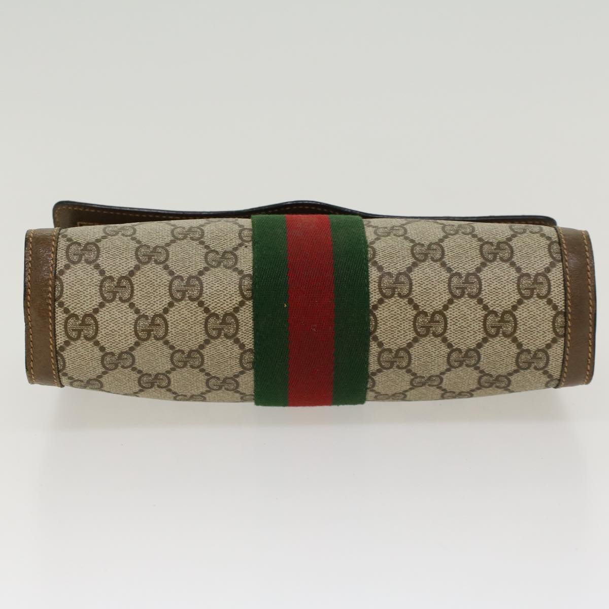 GUCCI GG Canvas Web Sherry Line Clutch Bag PVC Leather Beige Green 43089