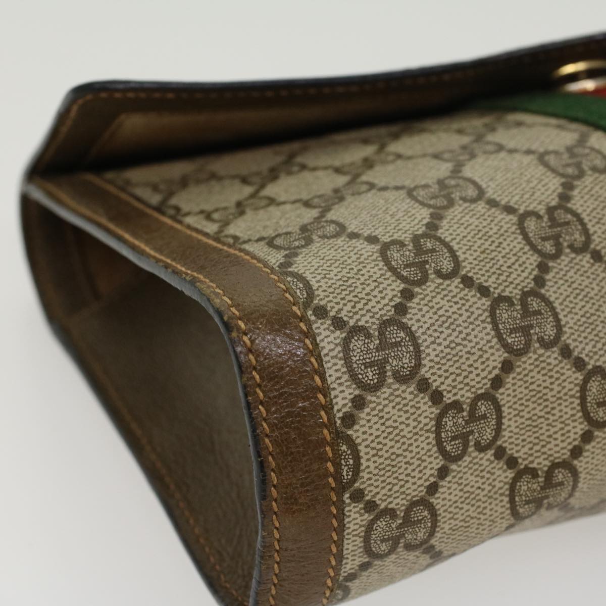 GUCCI GG Canvas Web Sherry Line Clutch Bag PVC Leather Beige Green 43089