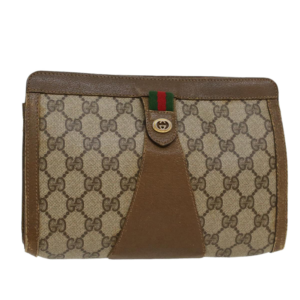 GUCCI GG Canvas Web Sherry Line Clutch Bag PVC Leather Beige Green 43090