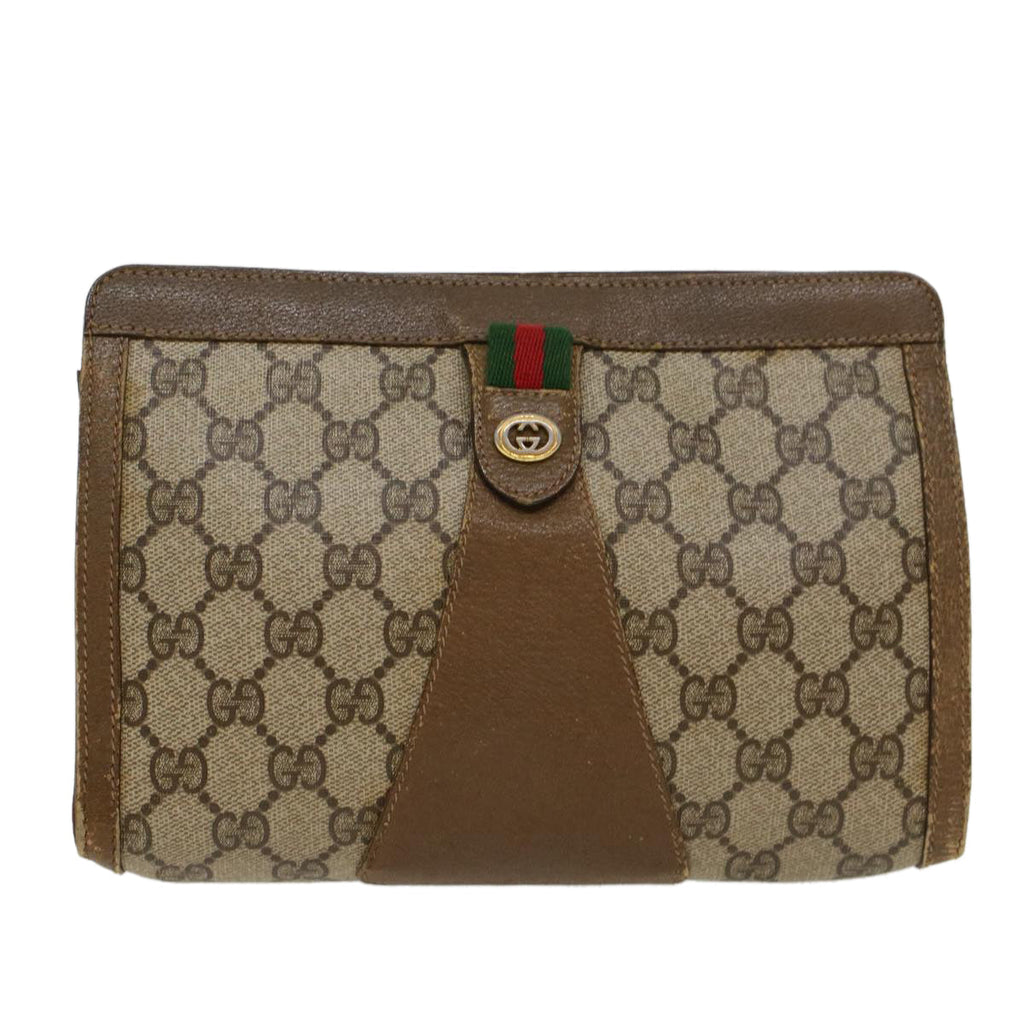 GUCCI GG Canvas Web Sherry Line Clutch Bag PVC Leather Beige Green 43090