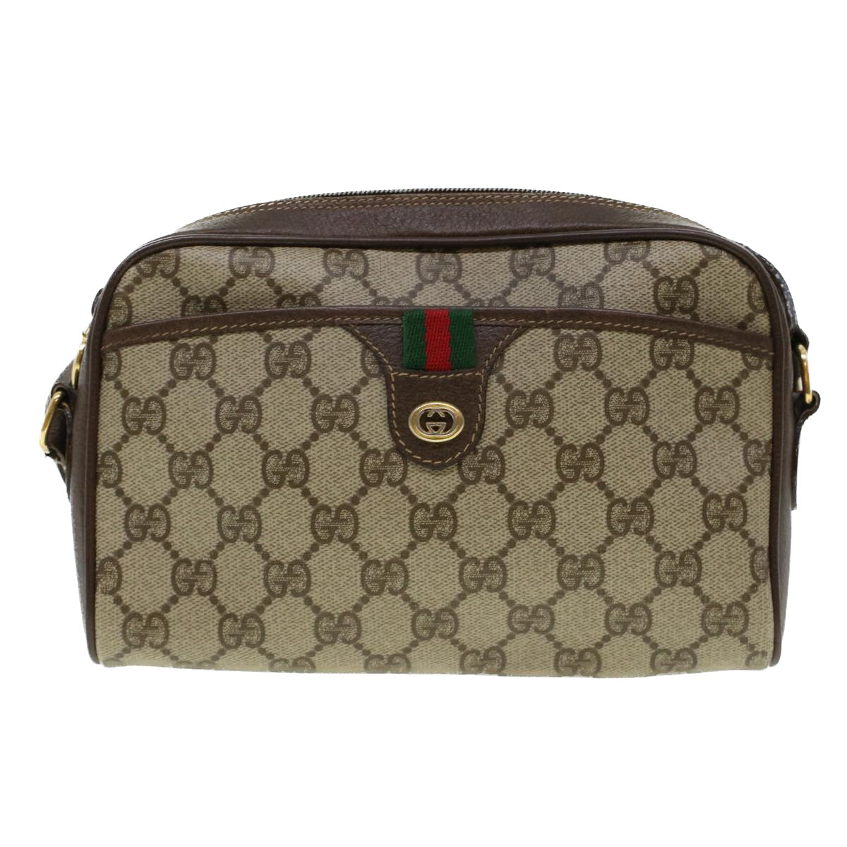 GUCCI GG Canvas Web Sherry Line Shoulder Bag PVC Leather Beige Green 43091