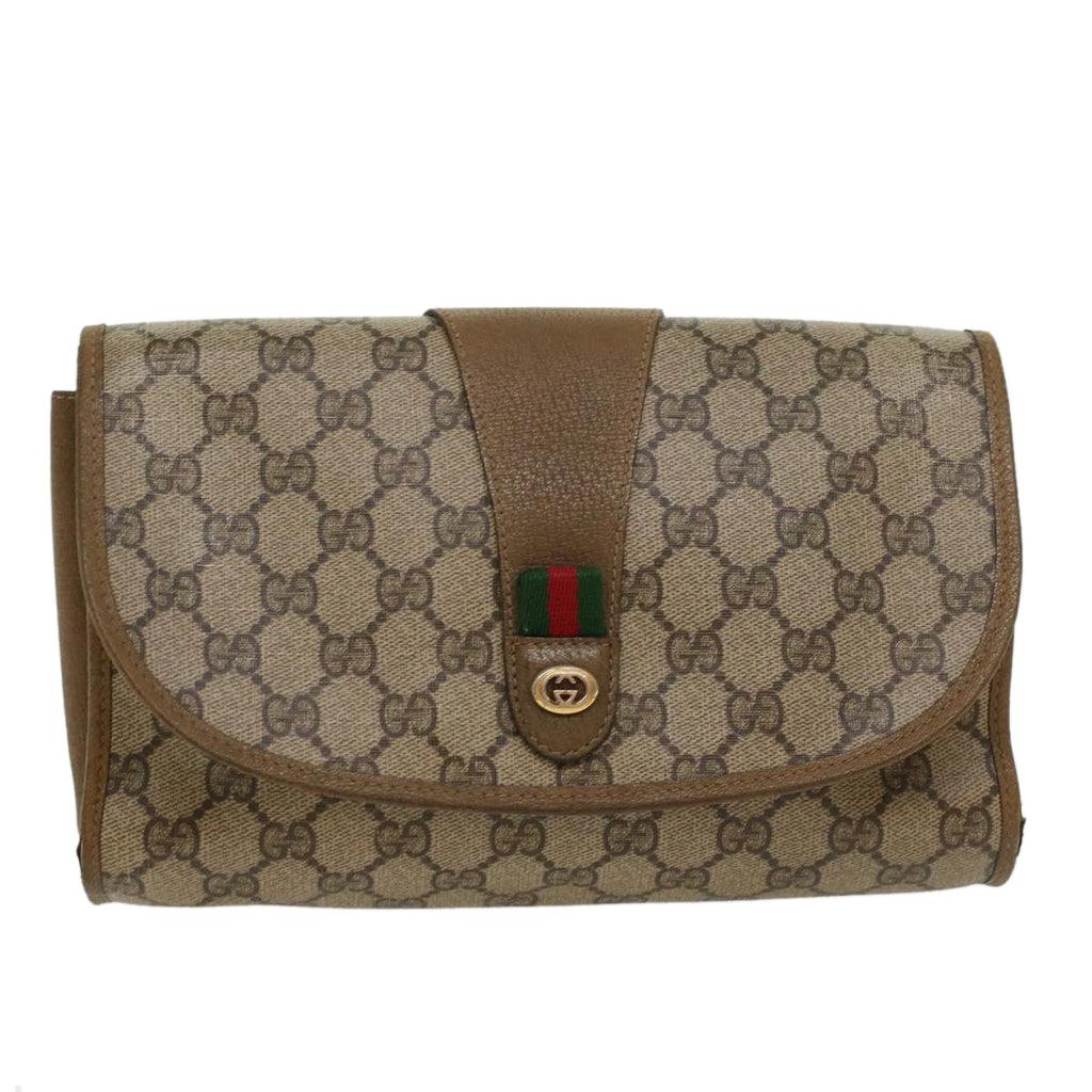 GUCCI GG Canvas Web Sherry Line Clutch Bag PVC Leather Beige Green 43092