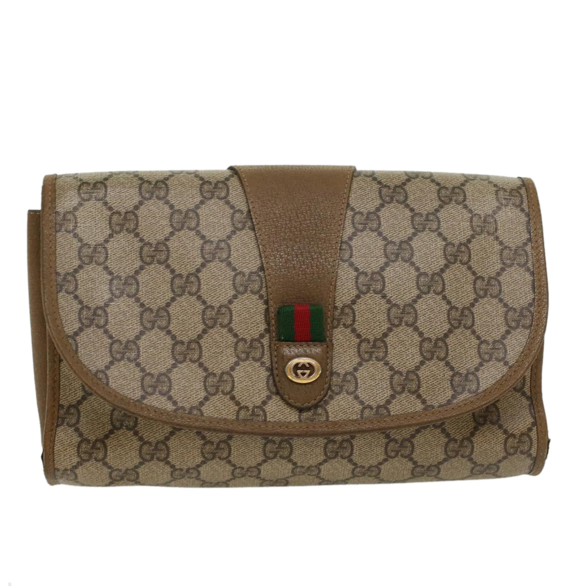GUCCI GG Canvas Web Sherry Line Clutch Bag PVC Leather Beige Green 43092