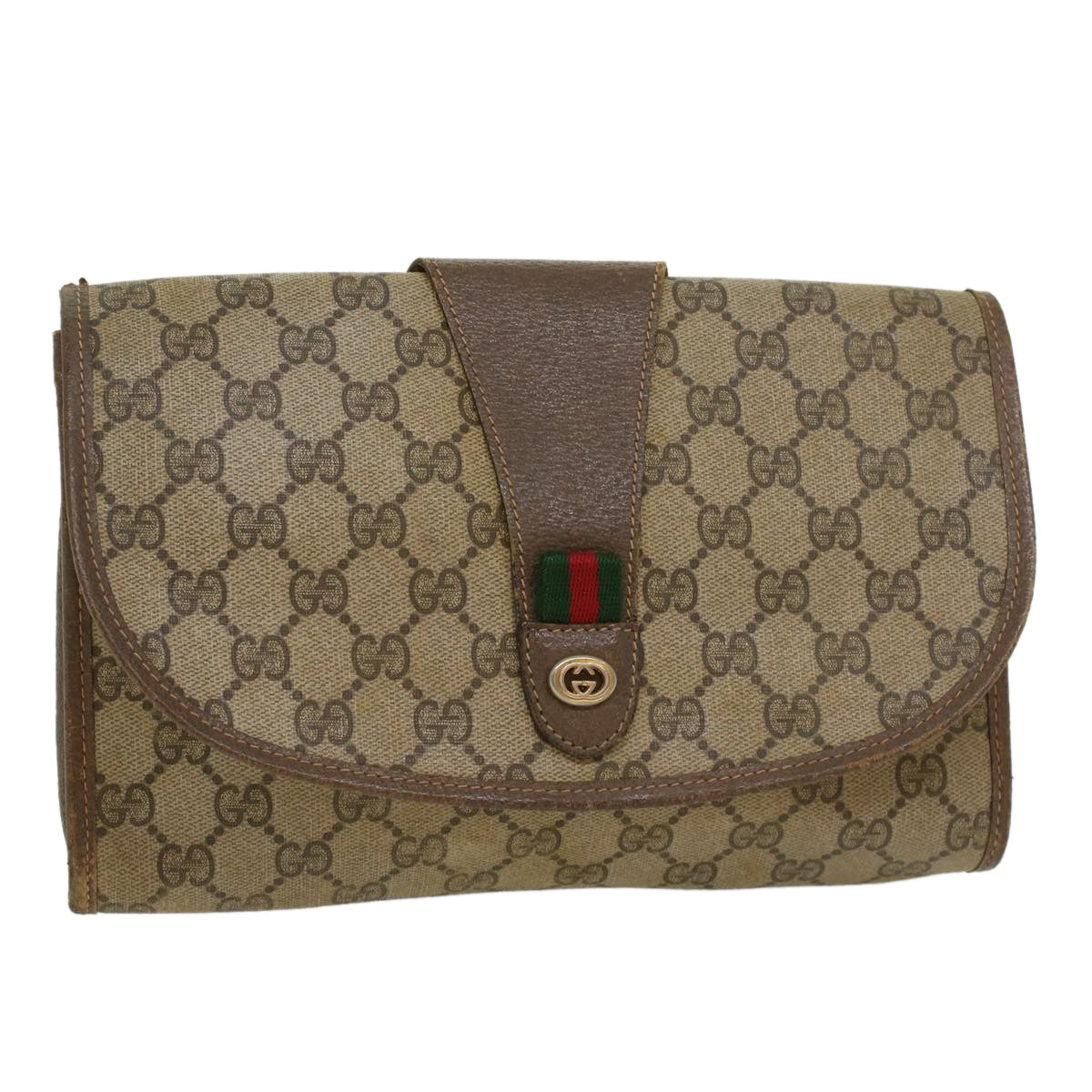 GUCCI GG Canvas Web Sherry Line Clutch Bag PVC Leather Beige Green 43093