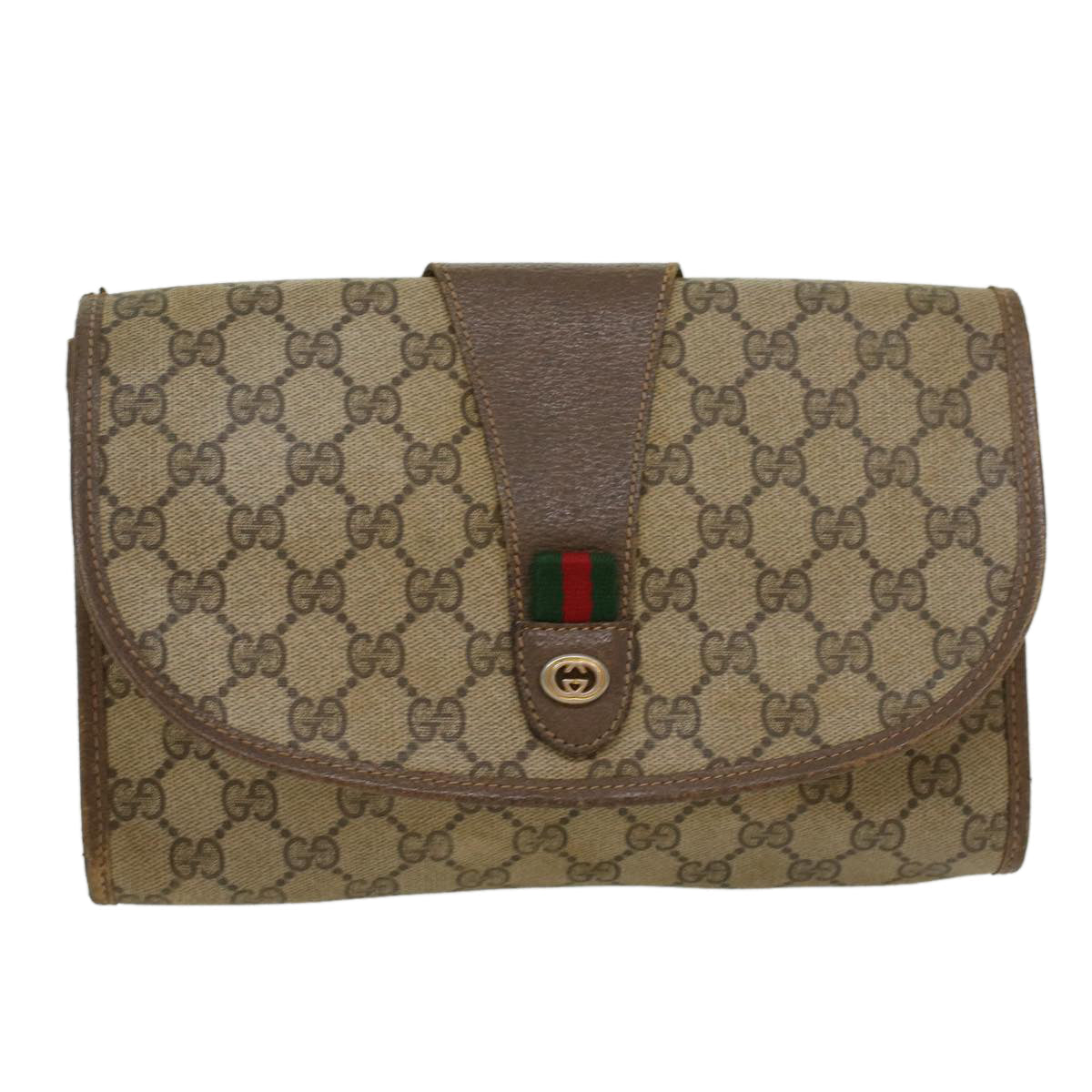 GUCCI GG Canvas Web Sherry Line Clutch Bag PVC Leather Beige Green 43093