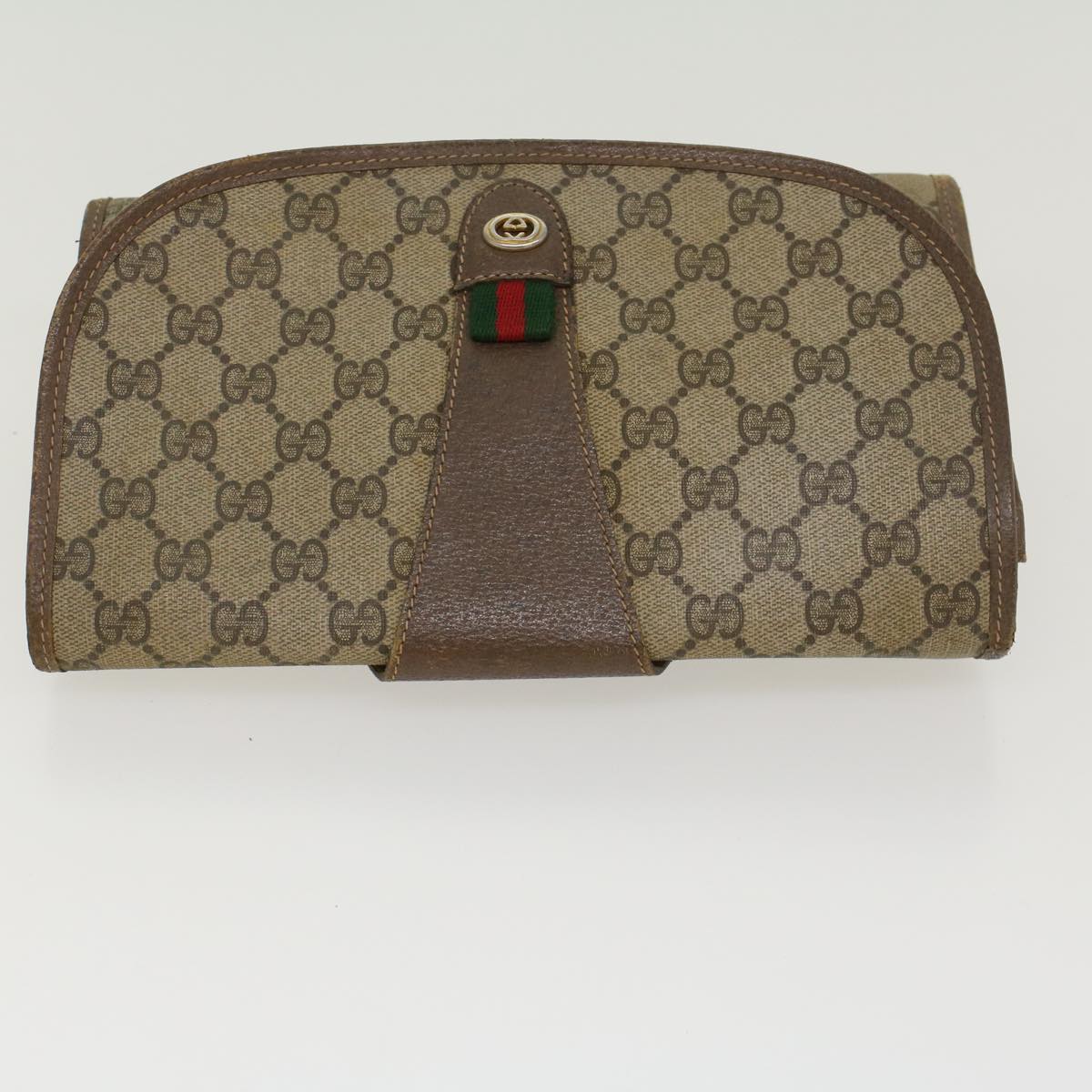 GUCCI GG Canvas Web Sherry Line Clutch Bag PVC Leather Beige Green 43093
