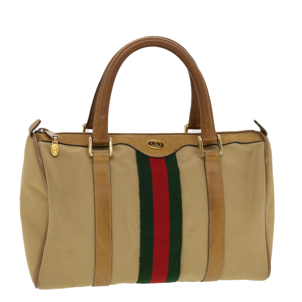GUCCI Web Sherry Line Boston Bag Canvas Beige Red Green 378.012.3841 43210