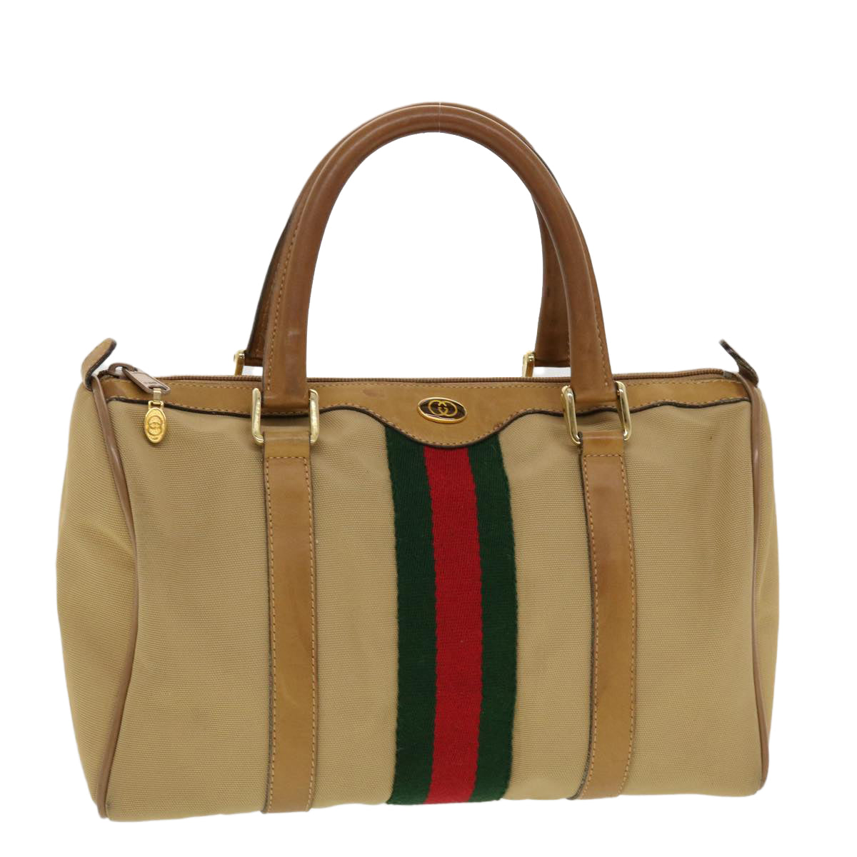 GUCCI Web Sherry Line Boston Bag Canvas Beige Red Green 378.012.3841 43210